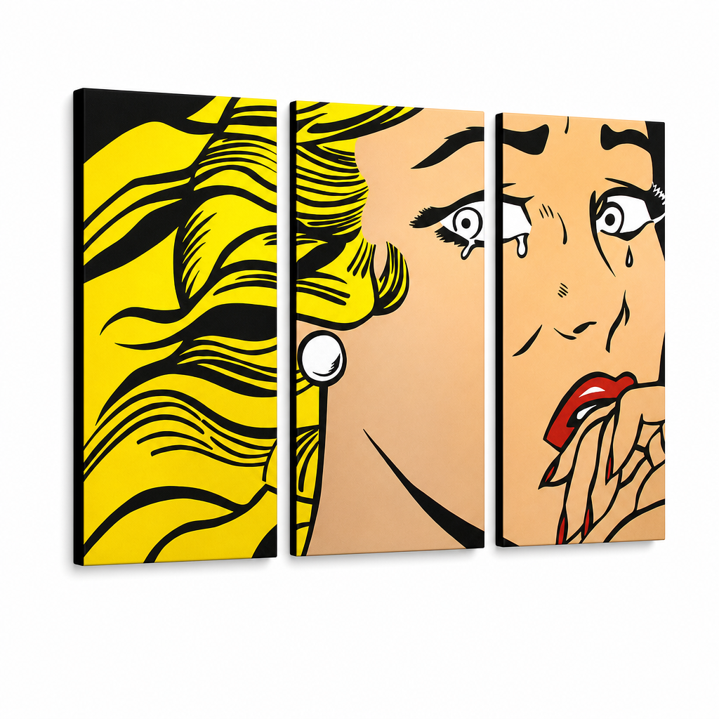 Ručne maľovaný POP Art obraz LICHTENSTEIN – 3D vizualizácia ručne maľovaného plátna na bielom pozadí. Dominantné farby: žltá, čierna, ružová.