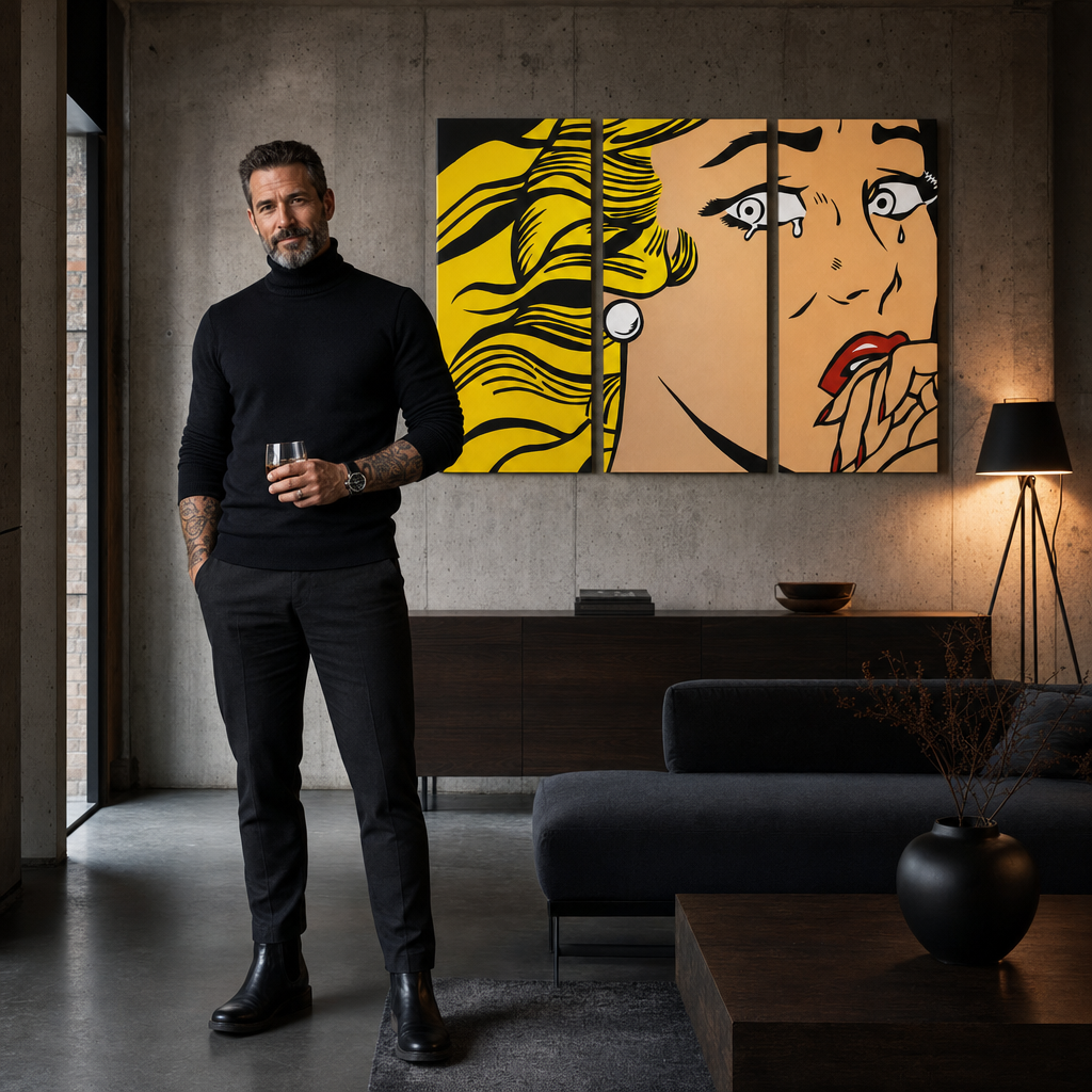 Ručne maľovaný POP Art obraz LICHTENSTEIN – obraz v modernom mužskom interiéri, lifestyle vizualizácia. Dominantné farby: žltá, čierna, ružová.
