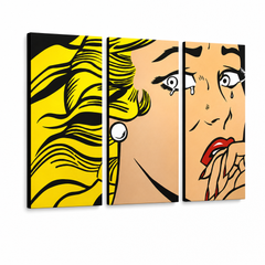 Ručne maľovaný POP Art obraz LICHTENSTEIN – 3D vizualizácia ručne maľovaného plátna na bielom pozadí. Dominantné farby: žltá, čierna, ružová.