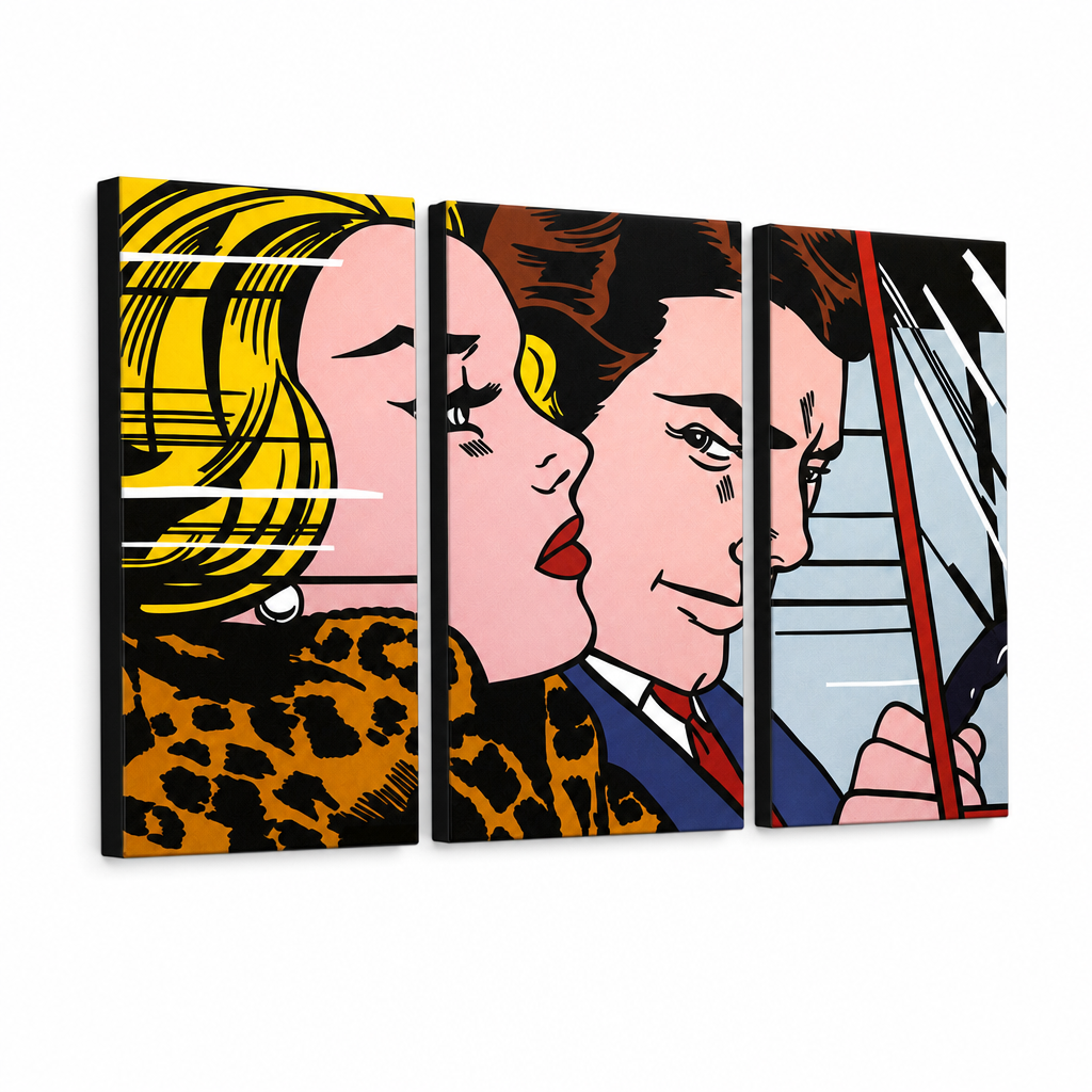 Ručne maľovaný POP Art obraz LICHTENSTEIN – 3D vizualizácia ručne maľovaného plátna na bielom pozadí. Dominantné farby: žltá, čierna, ružová, modrá, hnedá.