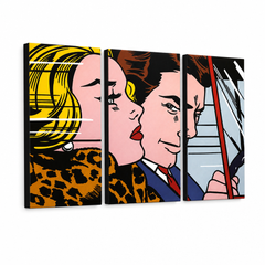 Ručne maľovaný POP Art obraz LICHTENSTEIN – 3D vizualizácia ručne maľovaného plátna na bielom pozadí. Dominantné farby: žltá, čierna, ružová, modrá, hnedá.