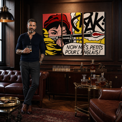 Ručne maľovaný POP Art obraz LICHTENSTEIN – obraz v modernom mužskom interiéri, lifestyle vizualizácia. Dominantné farby: červená, žltá, čierna, biela, oranžová.