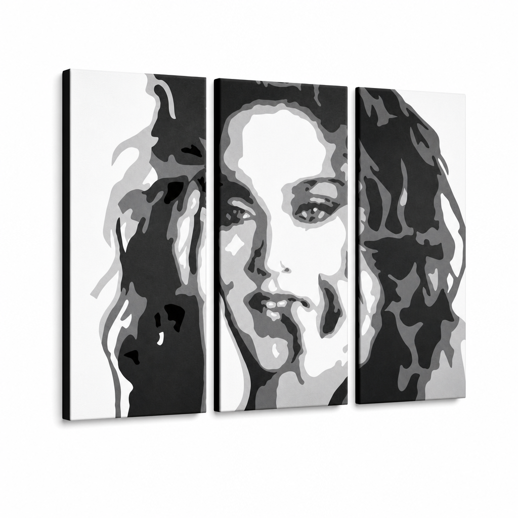 Ručne maľovaný POP Art obraz MADONNA – 3D vizualizácia ručne maľovaného plátna na bielom pozadí. Dominantné farby: čierna, biela, sivá.
