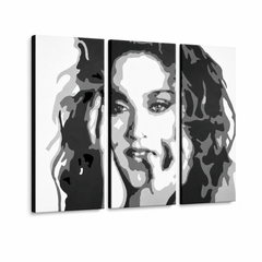 Ručne maľovaný POP Art obraz MADONNA – 3D vizualizácia ručne maľovaného plátna na bielom pozadí. Dominantné farby: čierna, biela, sivá.