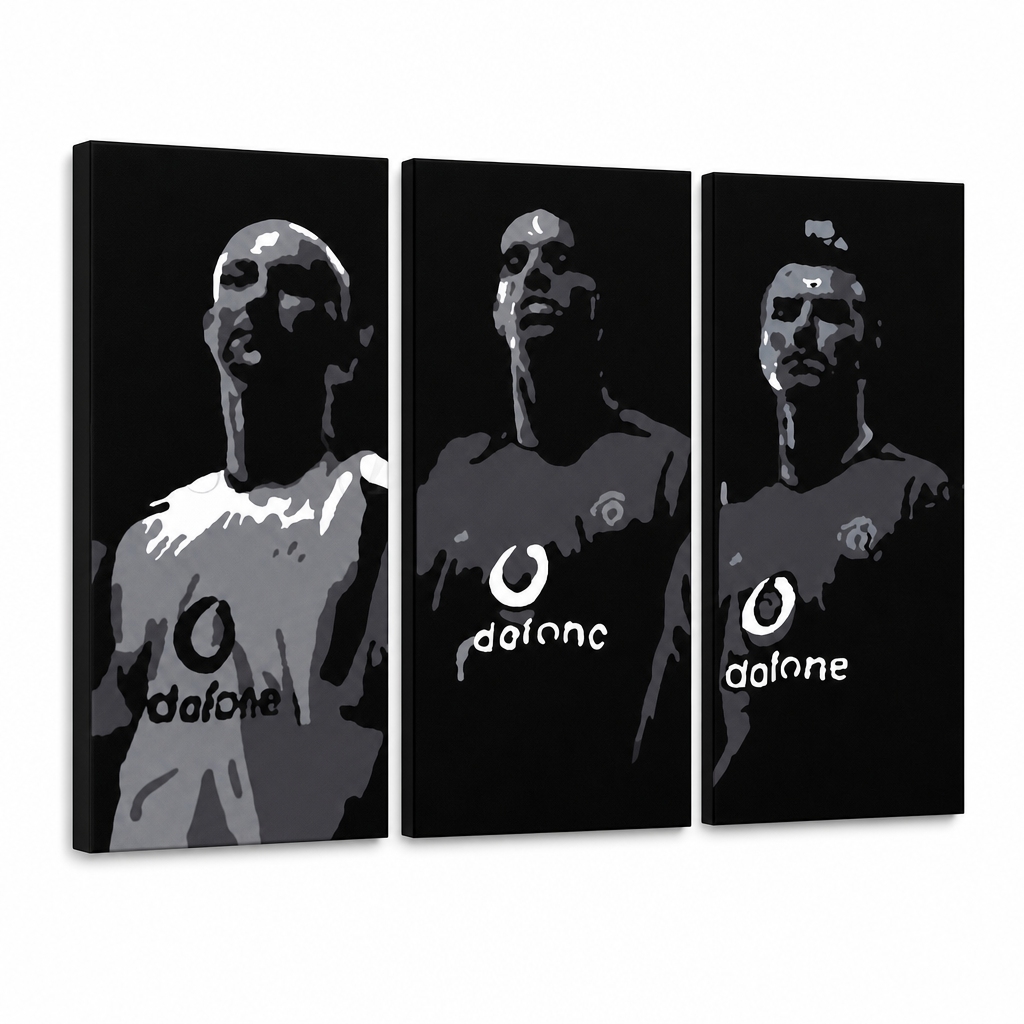 Ručne maľovaný POP Art obraz Manchester United – 3D vizualizácia ručne maľovaného plátna na bielom pozadí. Dominantné farby: čierna, biela, sivá.
