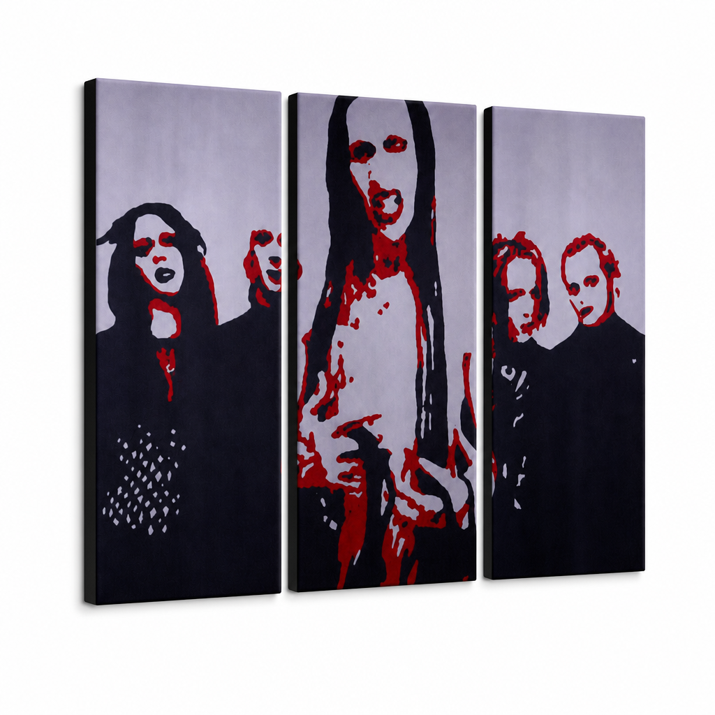 Ručne maľovaný POP Art obraz Marilyn Manson – 3D vizualizácia ručne maľovaného plátna na bielom pozadí. Dominantné farby: čierna, červená, biela.