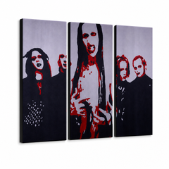 Ručne maľovaný POP Art obraz Marilyn Manson – 3D vizualizácia ručne maľovaného plátna na bielom pozadí. Dominantné farby: čierna, červená, biela.