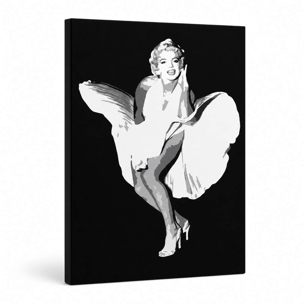 Ručne maľovaný POP Art obraz Marilyn Monroe – 3D vizualizácia ručne maľovaného plátna na bielom pozadí. Dominantné farby: čierna, biela, sivá.