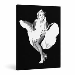 Ručne maľovaný POP Art obraz Marilyn Monroe – 3D vizualizácia ručne maľovaného plátna na bielom pozadí. Dominantné farby: čierna, biela, sivá.
