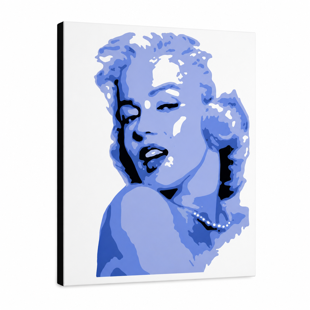 Ručne maľovaný POP Art obraz Marilyn Monroe – 3D vizualizácia ručne maľovaného plátna na bielom pozadí. Dominantné farby: modrá, biela, čierna.