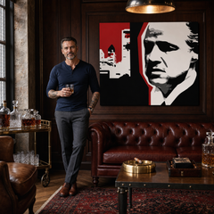Ručne maľovaný POP Art obraz Marlon Brando – obraz v modernom mužskom interiéri, lifestyle vizualizácia. Dominantné farby: čierna, biela, červená.