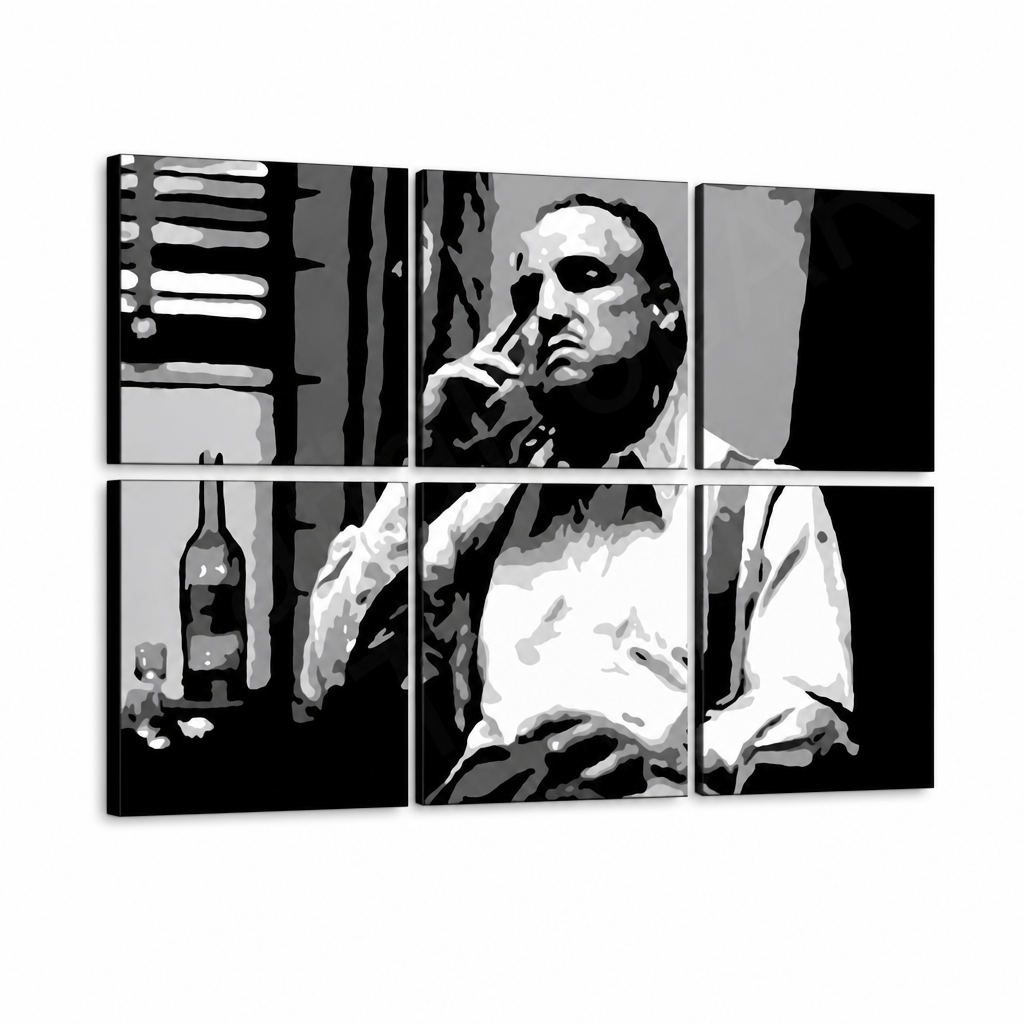 Ručne maľovaný POP Art obraz Marlon Brando – 3D vizualizácia ručne maľovaného plátna na bielom pozadí. Dominantné farby: čierna, biela, sivá.