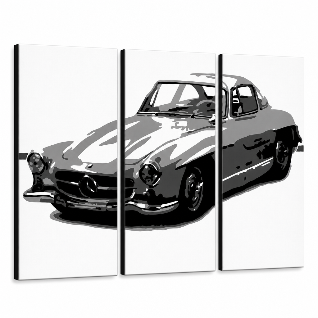 Ručne maľovaný POP Art obraz MERCEDES SL300 – 3D vizualizácia ručne maľovaného plátna na bielom pozadí. Dominantné farby: čierna, biela, šedá.