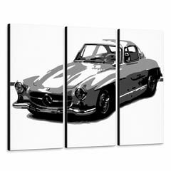 Ručne maľovaný POP Art obraz MERCEDES SL300 – 3D vizualizácia ručne maľovaného plátna na bielom pozadí. Dominantné farby: čierna, biela, šedá.