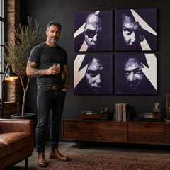 Ručne maľovaný POP Art obraz METALLICA – obraz v modernom mužskom interiéri, lifestyle vizualizácia. Dominantné farby: fialová, modrá, čierna, béžová, biela.