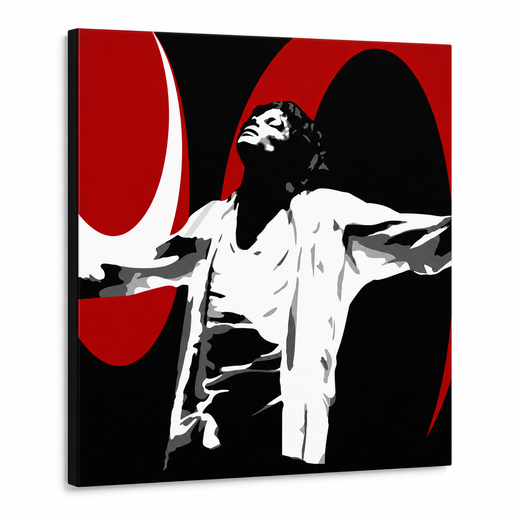 Ručne maľovaný POP Art obraz Michael Jackson – 3D vizualizácia ručne maľovaného plátna na bielom pozadí. Dominantné farby: čierna, červená, biela.