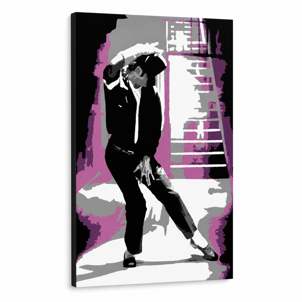 Ručne maľovaný POP Art obraz Michael Jackson – 3D vizualizácia ručne maľovaného plátna na bielom pozadí. Dominantné farby: čierna, ružová, sivá, biela.