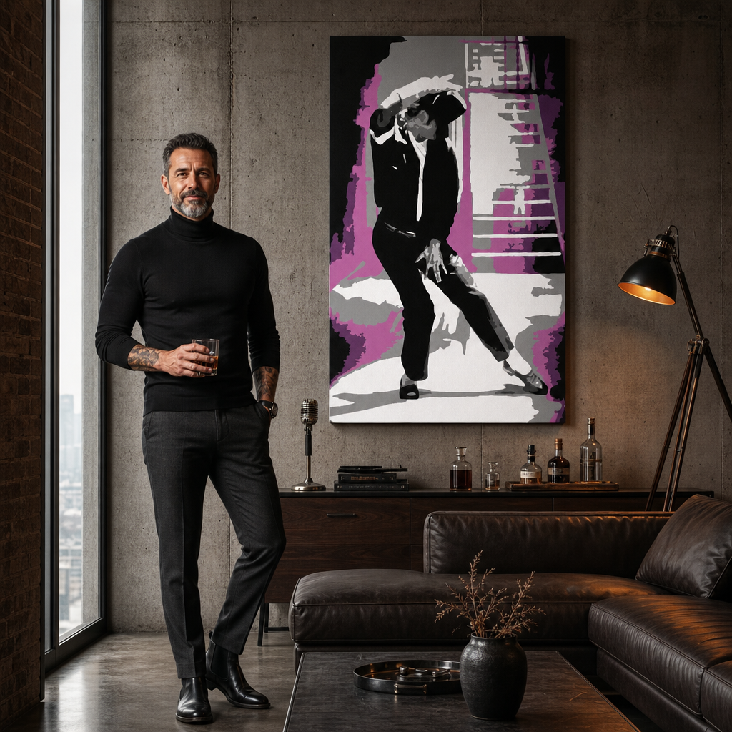Ručne maľovaný POP Art obraz Michael Jackson – obraz v modernom mužskom interiéri, lifestyle vizualizácia. Dominantné farby: čierna, ružová, sivá, biela.