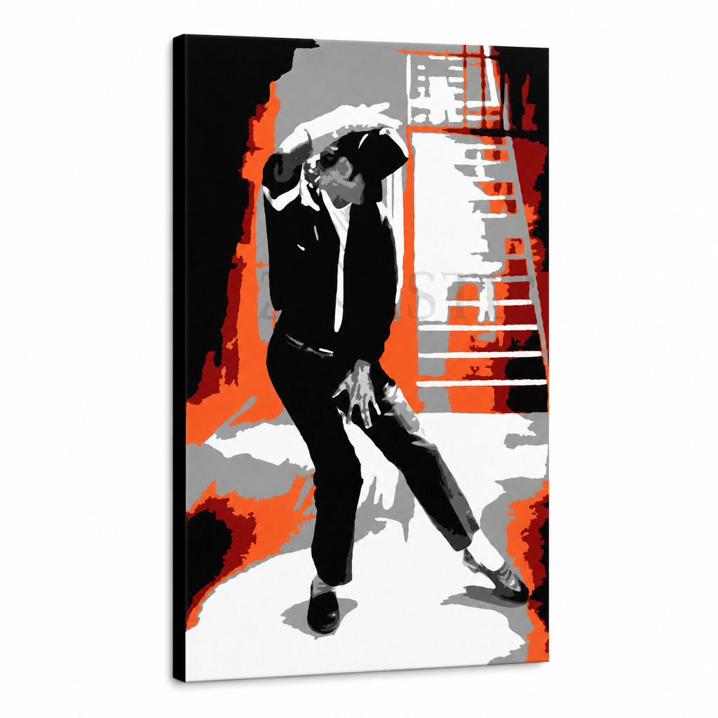 Ručne maľovaný POP Art obraz Michael Jackson – 3D vizualizácia ručne maľovaného plátna na bielom pozadí. Dominantné farby: čierna, červená, oranžová, biela, sivá.