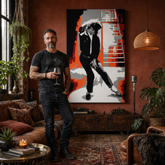 Ručne maľovaný POP Art obraz Michael Jackson – obraz v modernom mužskom interiéri, lifestyle vizualizácia. Dominantné farby: čierna, červená, oranžová, biela, sivá.