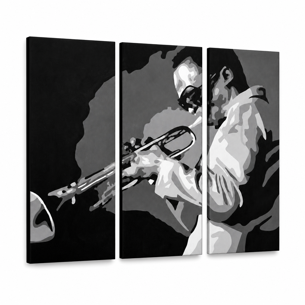 Ručne maľovaný POP Art obraz Miles Davis – 3D vizualizácia ručne maľovaného plátna na bielom pozadí. Dominantné farby: čierna, biela, sivá.