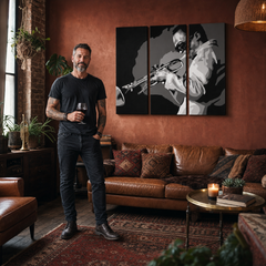 Ručne maľovaný POP Art obraz Miles Davis – obraz v modernom mužskom interiéri, lifestyle vizualizácia. Dominantné farby: čierna, biela, sivá.