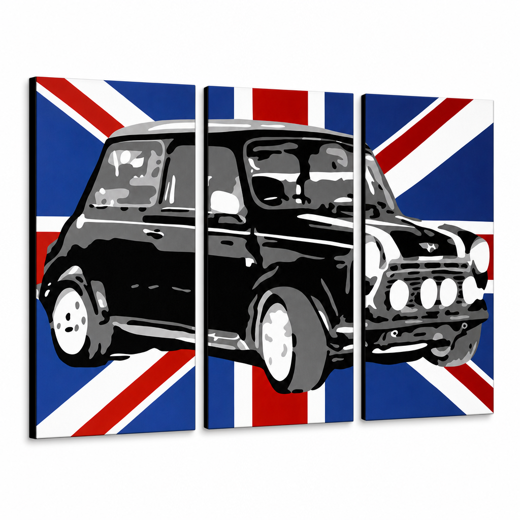 Ručne maľovaný POP Art obraz MINI COOPER – 3D vizualizácia ručne maľovaného plátna na bielom pozadí. Dominantné farby: čierna, modrá, biela.