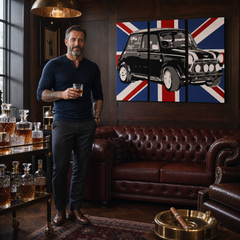 Ručne maľovaný POP Art obraz MINI COOPER – obraz v modernom mužskom interiéri, lifestyle vizualizácia. Dominantné farby: čierna, modrá, biela.