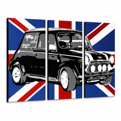 Ručne maľovaný POP Art obraz MINI COOPER – 3D vizualizácia ručne maľovaného plátna na bielom pozadí. Dominantné farby: čierna, modrá, biela.
