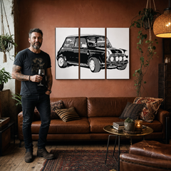 Ručne maľovaný POP Art obraz MINI COOPER – obraz v modernom mužskom interiéri, lifestyle vizualizácia. Dominantné farby: čierna, biela, sivá.