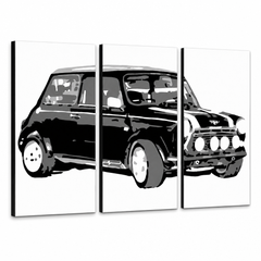 Ručne maľovaný POP Art obraz MINI COOPER – 3D vizualizácia ručne maľovaného plátna na bielom pozadí. Dominantné farby: čierna, biela, sivá.