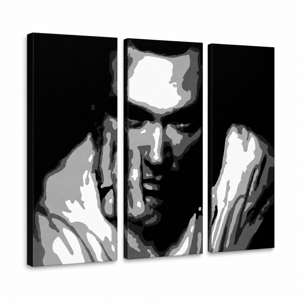 Ručne maľovaný POP Art obraz Morrisey – 3D vizualizácia ručne maľovaného plátna na bielom pozadí. Dominantné farby: čierna, biela, sivá.