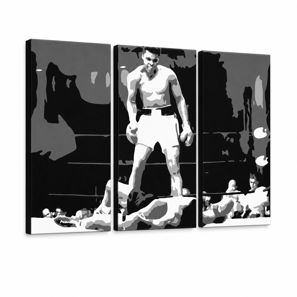 Ručne maľovaný POP Art obraz Muhamad Ali – 3D vizualizácia ručne maľovaného plátna na bielom pozadí. Dominantné farby: čierna, biela, sivá.