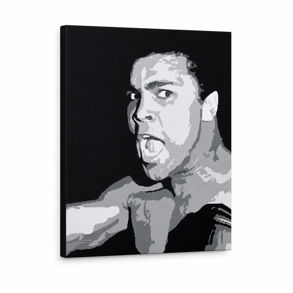 Ručne maľovaný POP Art obraz Muhamad Ali – 3D vizualizácia ručne maľovaného plátna na bielom pozadí. Dominantné farby: čierna, sivá, biela.