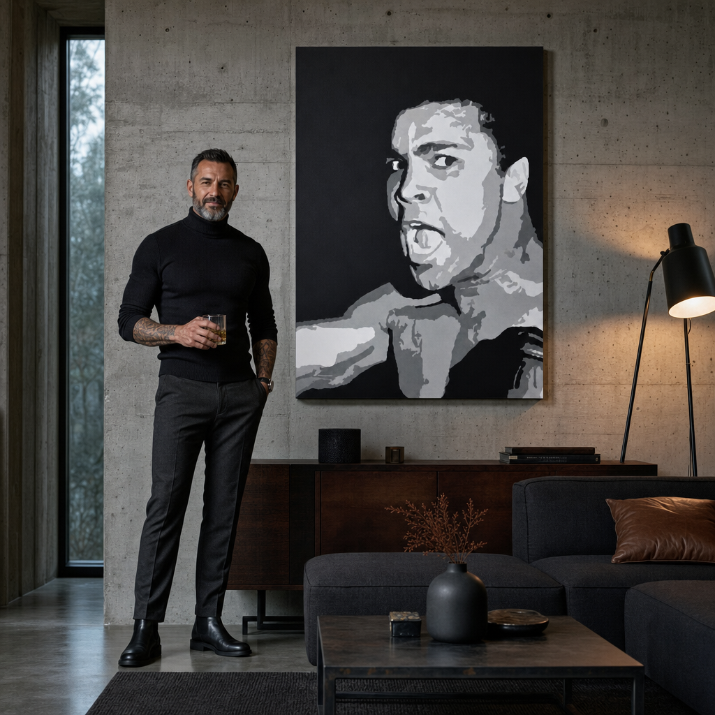 Ručne maľovaný POP Art obraz Muhamad Ali – obraz v modernom mužskom interiéri, lifestyle vizualizácia. Dominantné farby: čierna, sivá, biela.
