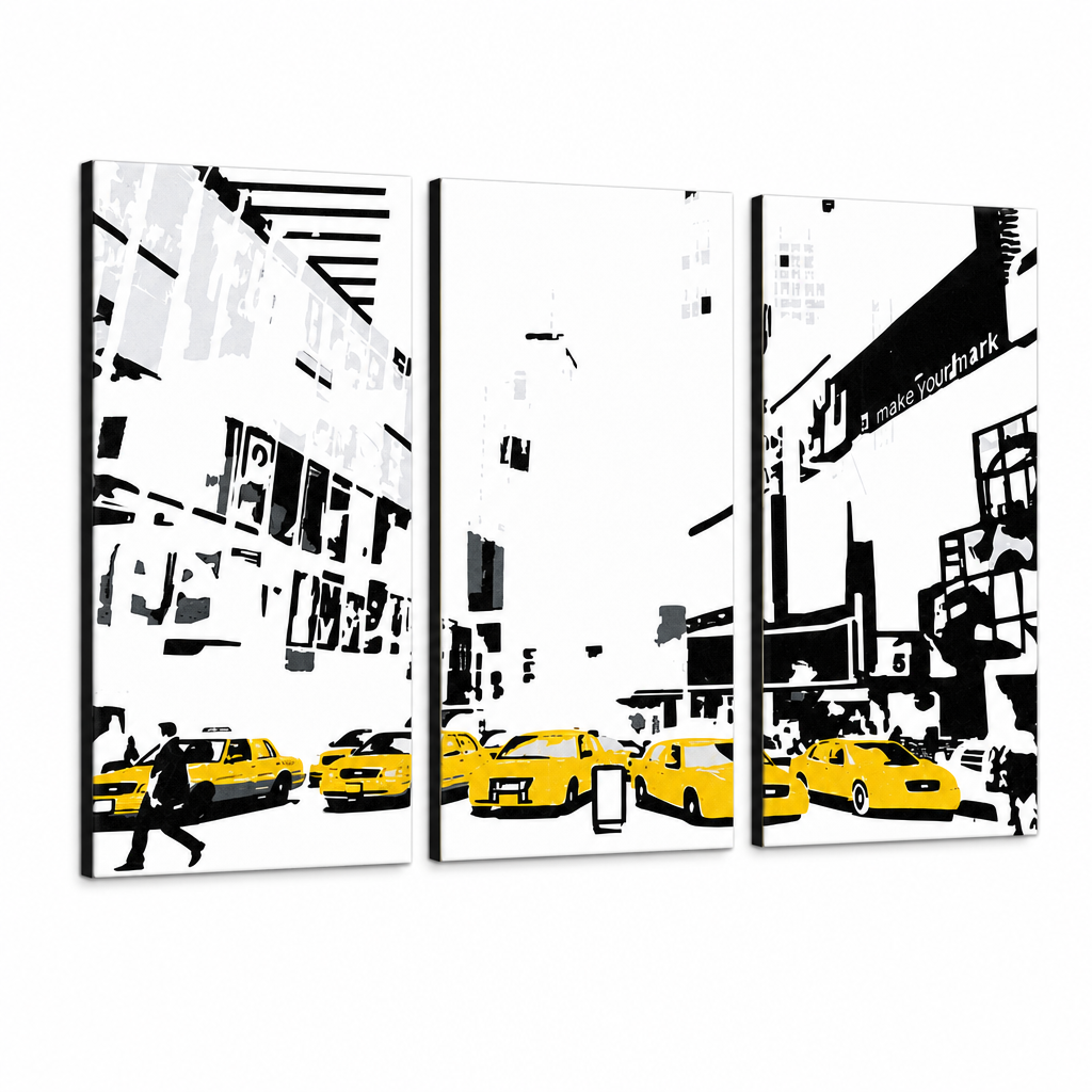 Ručne maľovaný POP Art obraz NEW YORK – 3D vizualizácia ručne maľovaného plátna na bielom pozadí. Dominantné farby: žltá, čierna, biela.