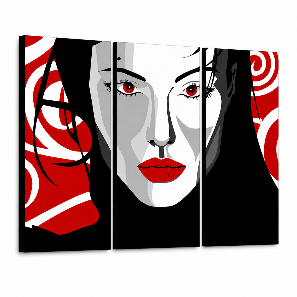 Ručne maľovaný POP Art obraz Nice WOMAN – 3D vizualizácia ručne maľovaného plátna na bielom pozadí. Dominantné farby: čierna, červená, biela.