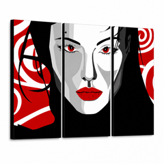 Ručne maľovaný POP Art obraz Nice WOMAN – 3D vizualizácia ručne maľovaného plátna na bielom pozadí. Dominantné farby: čierna, červená, biela.