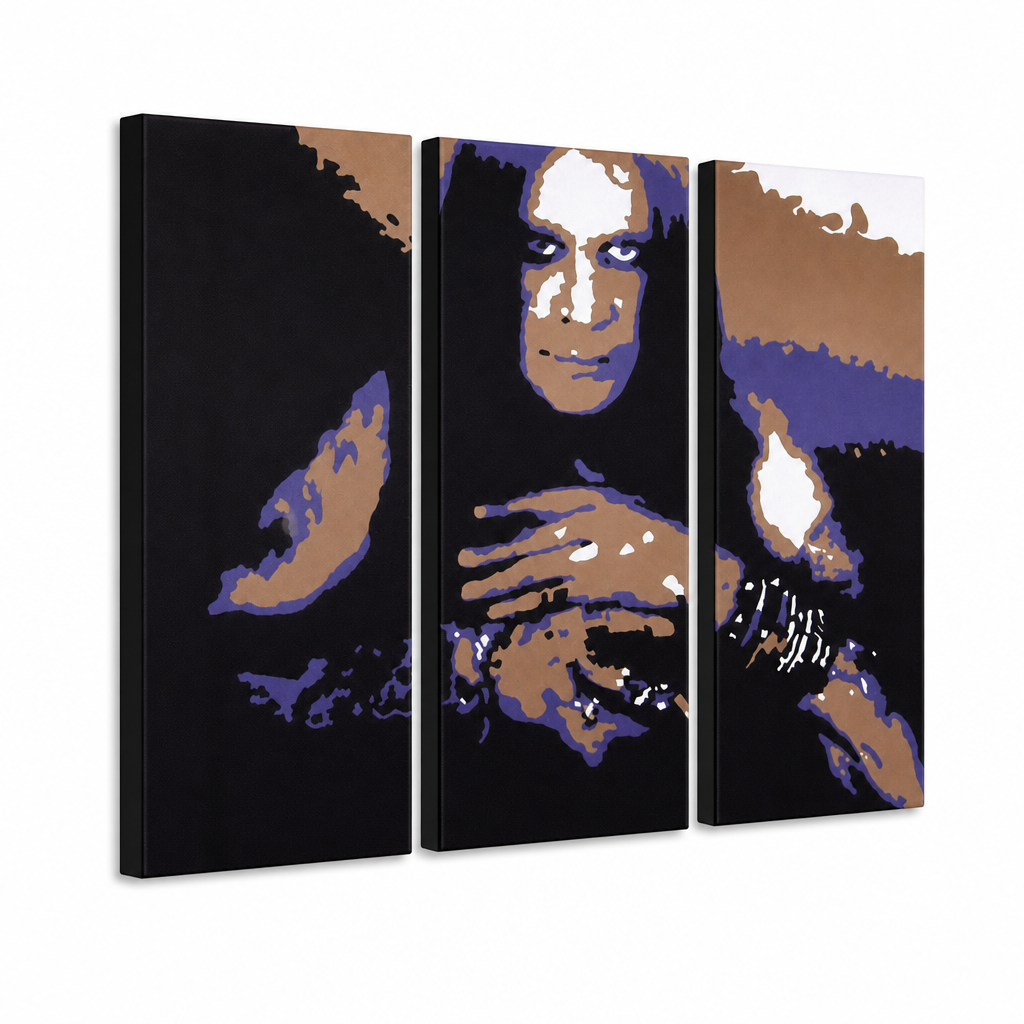 Ručne maľovaný POP Art obraz Ozzy Osbourne – 3D vizualizácia ručne maľovaného plátna na bielom pozadí. Dominantné farby: čierna, fialová, hnedá, biela, modrá.