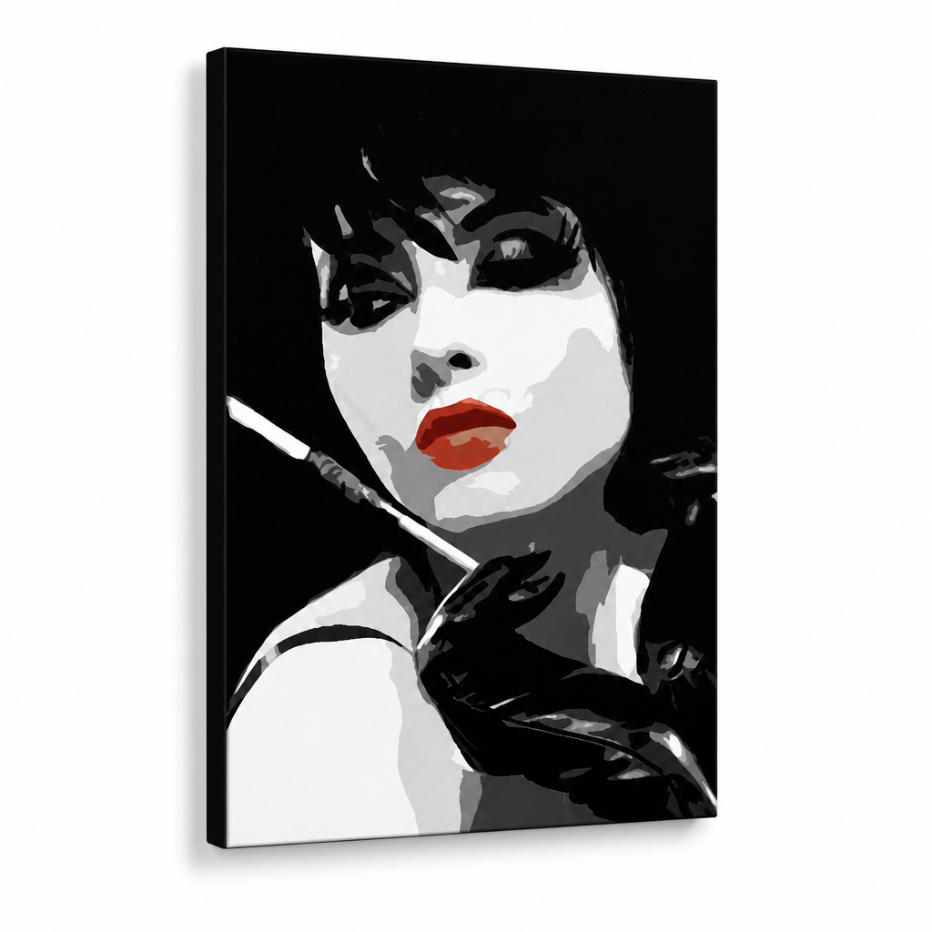 Ručne maľovaný POP Art obraz Pop woman – 3D vizualizácia ručne maľovaného plátna na bielom pozadí. Dominantné farby: čierna, biela, červená.