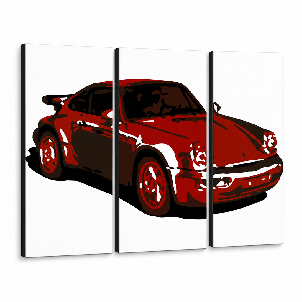 Ručne maľovaný POP Art obraz PORSCHE 911 – 3D vizualizácia ručne maľovaného plátna na bielom pozadí. Dominantné farby: červená, čierna, biela.