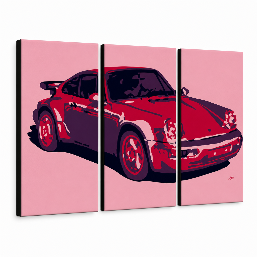 Ručne maľovaný POP Art obraz PORSCHE 911 – 3D vizualizácia ručne maľovaného plátna na bielom pozadí. Dominantné farby: červená, ružová, čierna.