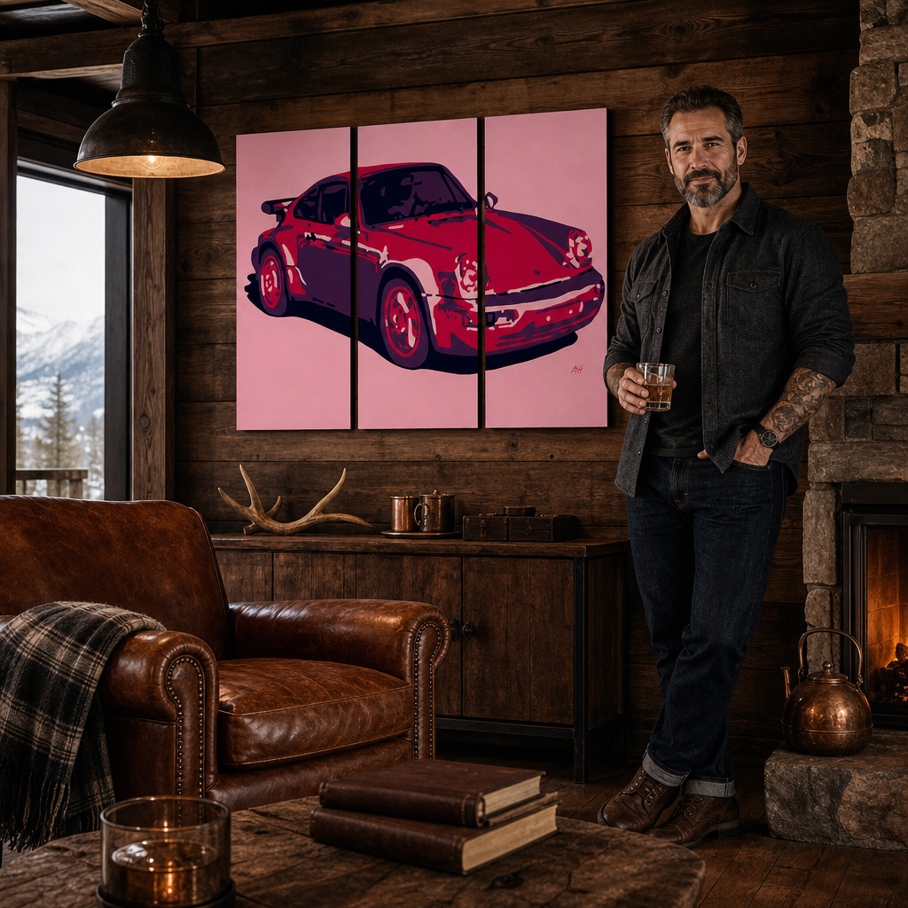 Ručne maľovaný POP Art obraz PORSCHE 911 – obraz v modernom mužskom interiéri, lifestyle vizualizácia. Dominantné farby: červená, ružová, čierna.