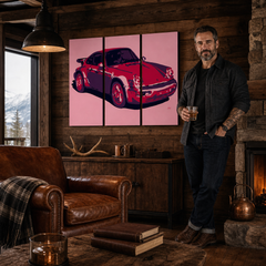 Ručne maľovaný POP Art obraz PORSCHE 911 – obraz v modernom mužskom interiéri, lifestyle vizualizácia. Dominantné farby: červená, ružová, čierna.
