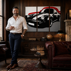Ručne maľovaný POP Art obraz PORSCHE 911 – obraz v modernom mužskom interiéri, lifestyle vizualizácia. Dominantné farby: čierna, červená, sivá.