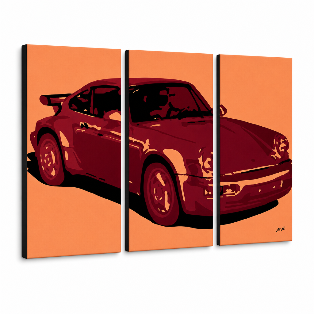 Ručne maľovaný POP Art obraz PORSCHE 911 – 3D vizualizácia ručne maľovaného plátna na bielom pozadí. Dominantné farby: oranžová, červená, čierna.