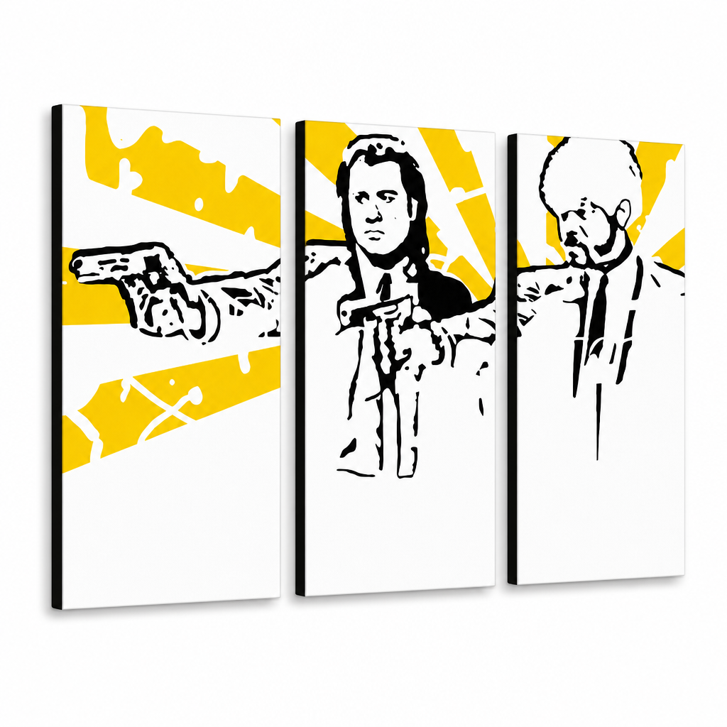 Ručne maľovaný POP Art obraz Pulp Fiction – 3D vizualizácia ručne maľovaného plátna na bielom pozadí. Dominantné farby: žltá, čierna, biela.