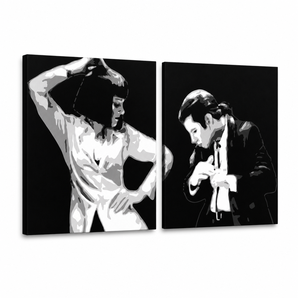 Ručne maľovaný POP Art obraz Pulp Fiction – 3D vizualizácia ručne maľovaného plátna na bielom pozadí. Dominantné farby: čierna, biela, šedá.