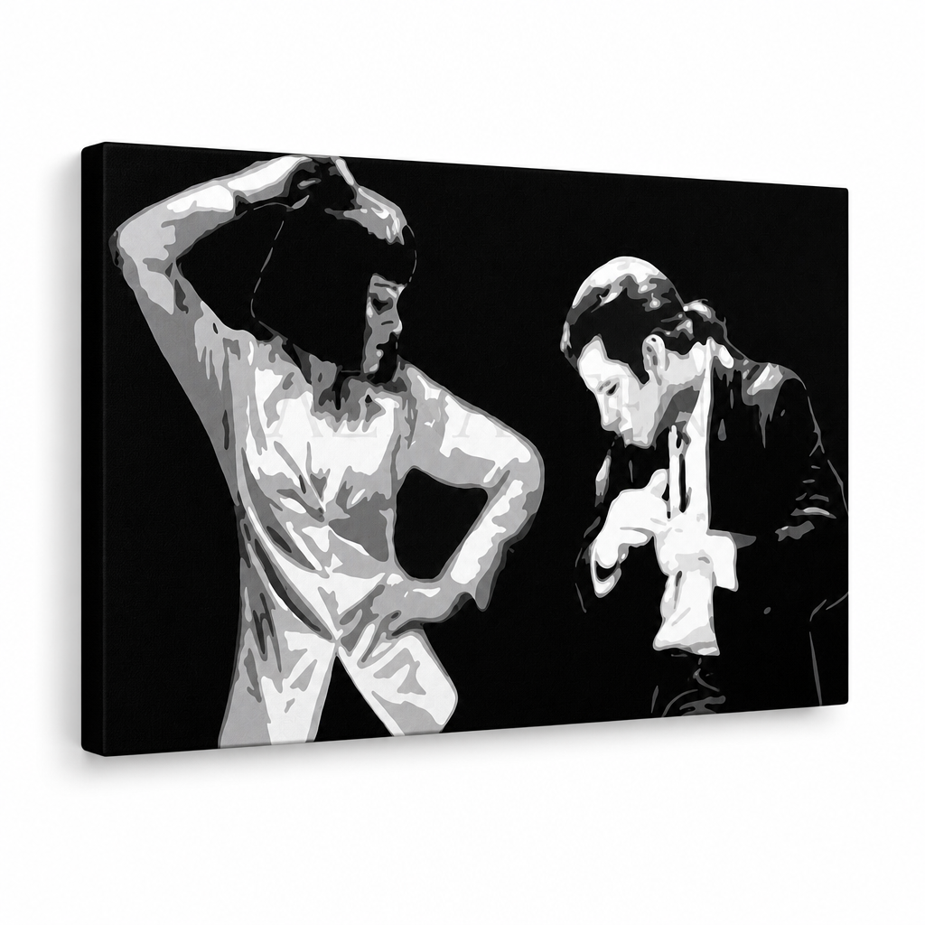 Ručne maľovaný POP Art obraz Pulp Fiction – 3D vizualizácia ručne maľovaného plátna na bielom pozadí. Dominantné farby: čierna, biela, sivá.