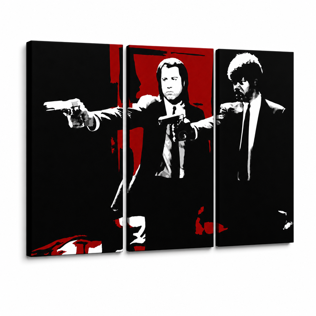 Ručne maľovaný POP Art obraz Pulp Fiction – 3D vizualizácia ručne maľovaného plátna na bielom pozadí. Dominantné farby: čierna, červená, biela.